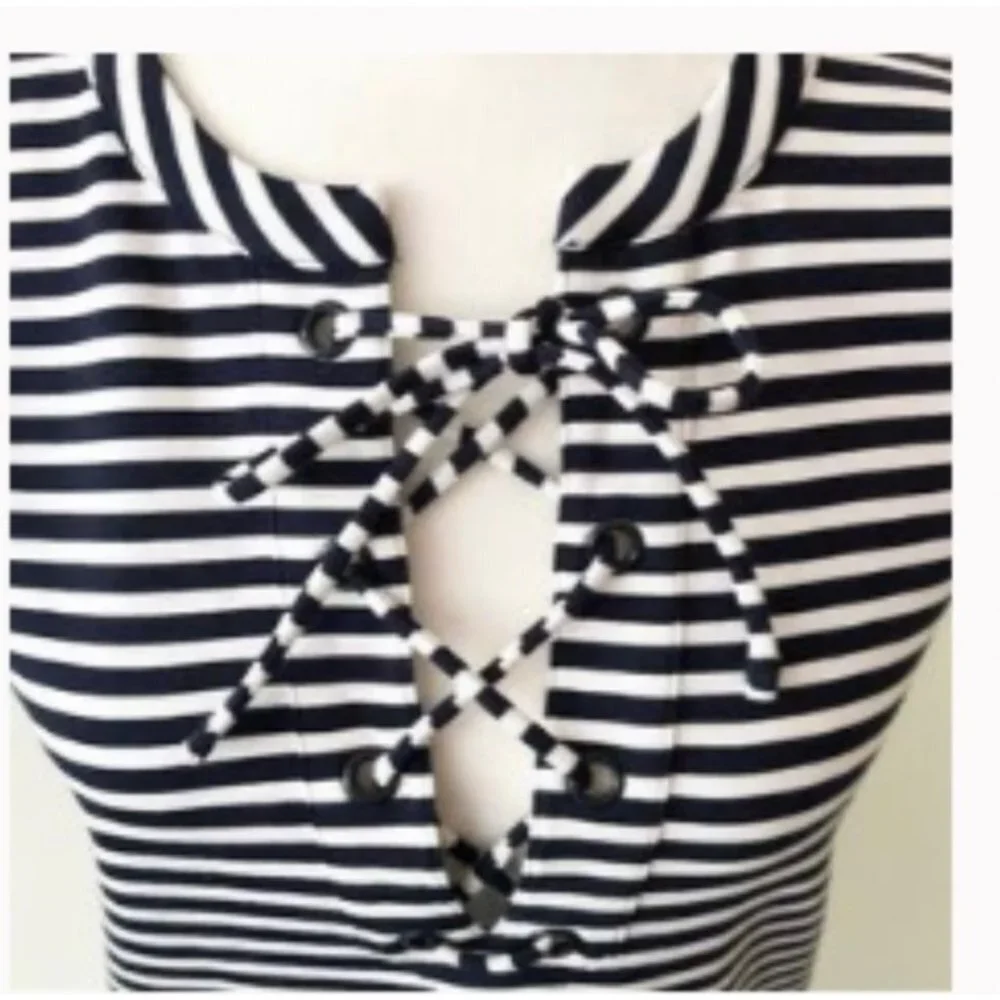 J. Crew Size XXS Stripe Lace Up Shift Knit Dress Blue White - Picture 6 of 7